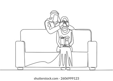 Single one line drawing an arab woman sitting on a sofa holding a gift box. A simple surprise full of meaning from the beloved husband. Gift. Surprise. Continuous line design graphic illustration