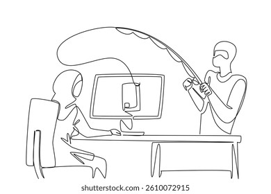 Single one line drawing an arab woman typing and thief fishing for credit card. Lack of concern for system security. National Senior Fraud Awareness Day. Continuous line design graphic illustration