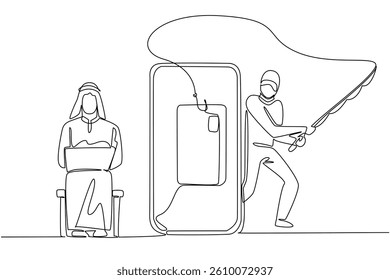 Single one line drawing arab man sits typing on laptop and thief hides fishing for credit cards. Lured by fake links. National Senior Fraud Awareness Day. Continuous line design graphic illustration