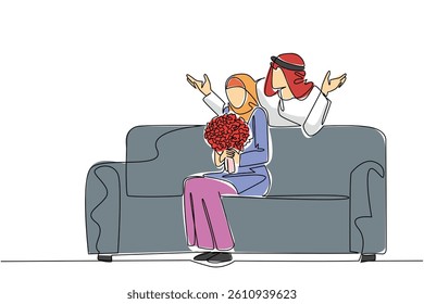 Single one line drawing an arab man standing behind an arab woman sitting on sofa holding bouquet of flowers. Start the day with little surprise. Surprise. Continuous line design graphic illustration
