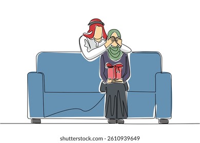 Single one line drawing an arab woman sitting on a sofa holding a gift box. A simple surprise full of meaning from the beloved husband. Gift. Surprise. Continuous line design graphic illustration