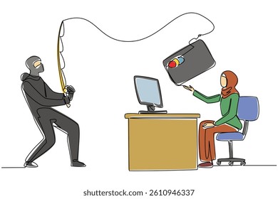 Single one line drawing an arab woman typing on a laptop and the thief fishing for a large credit card. Careless. Loss. National Senior Fraud Awareness Day. Continuous line design graphic illustration