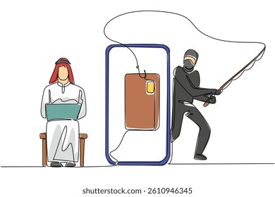 Single one line drawing arab man sits typing on laptop and thief hides fishing for credit cards. Lured by fake links. National Senior Fraud Awareness Day. Continuous line design graphic illustration