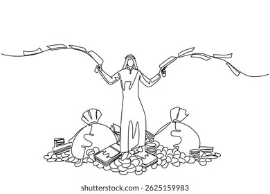 Una sola línea dibujando a un hombre árabe parado sobre una pila de dinero sostiene una pistola que dispara billetes en ambas manos. Luchar contra la pobreza. Estímulo. Sé un día millonario. Ilustración gráfica de diseño de línea continua
