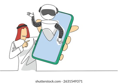 Single one line drawing Arab man holding a smartphone with a robot coming out of the screen. Customer convenience. International Virtual Assistants Day. Continuous line design graphic illustration