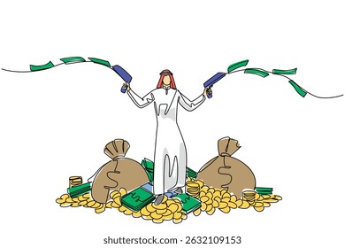 Una sola línea dibujando a un hombre árabe parado sobre una pila de dinero sostiene una pistola que dispara billetes en ambas manos. Luchar contra la pobreza. Estímulo. Sé un día millonario. Ilustración gráfica de diseño de línea continua