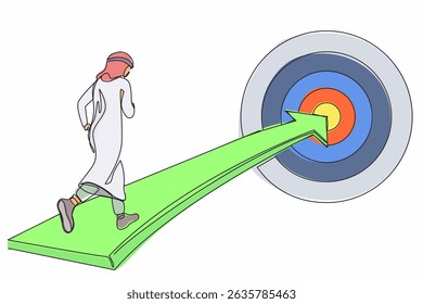 Einzeilige Zeichnung arabischen Geschäftsmann läuft auf Pfeil zur Mitte der Dartscheibe. Geschäftskonzept von Targeting und Kunden. Vision für Unternehmen. Grafische Vektorgrafik mit fortlaufendem Liniendesign