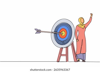 Single one line drawing Arab businesswoman fist pump her arrow directed into target. Target goal, focus, progress. Business archery, arrow hit focus. Continuous line design graphic vector illustration