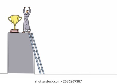 Single one line drawing Arab businesswoman climb ladder to reach trophy and standing with arms lifted in air. Female celebrating her business award. Continuous line design graphic vector illustration
