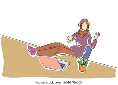 Single one line drawing Arab woman wear headphone sits on a chair with hands forms a gesture as plays guitar. Freedom of expression. National Sing Out Day. Continuous line design graphic illustration