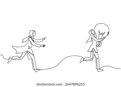 Uma única linha desenhando uma empresária árabe persegue uma mulher correndo com uma lâmpada. Perseguir criminosos de plágio. Crime. Dia Nacional da Criatividade. Ilustração gráfica de design de linha contínua