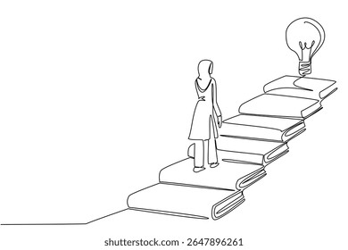 Una sola línea dibujando mujer árabe camina en escaleras hechas de libros y bombilla flotando al final. Importancia de la educación superior. Día Nacional de la Creatividad. Ilustración gráfica de diseño de línea continua