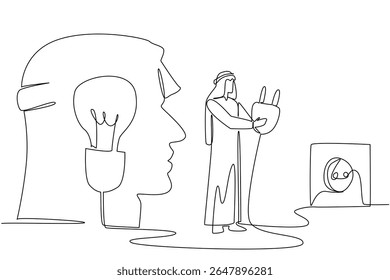Uma única linha desenhando homem árabe está na frente da silhueta da cabeça prende o cabo no soquete. Faça uma pausa para recarregar a mente. Dia Nacional da Criatividade. Ilustração gráfica de design de linha contínua