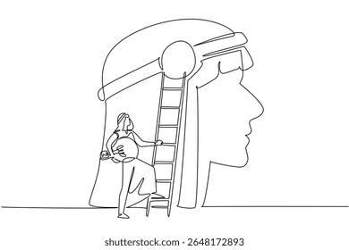 Single one line drawing Arab man carry lightbulb want to climb ladder attached to big head silhouette. Sharpen creative power. National Creativity Day. Continuous line design graphic illustration