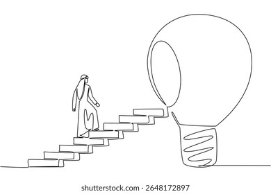 Single one line drawing Arab man walks up ladder towards big lightbulb with hole in center. Decision to move up a class. Education. National Creativity Day. Continuous line design graphic illustration