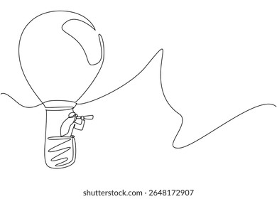 Um único desenho linha homem de negócios árabe monta balão de ar quente em forma de lâmpada, olha através usando monocular. Novas oportunidades. Dia Nacional da Criatividade. Ilustração gráfica de design de linha contínua