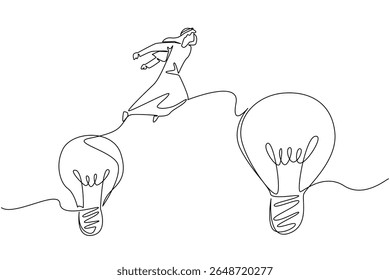 Single one line drawing Arab man jumps from a small lightbulb to a large light bulb. A significant leap. Success. Genius. Victory. National Creativity Day. Continuous line design graphic illustration