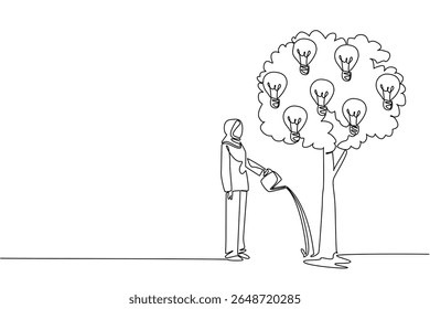 Uma única linha desenhando uma mulher árabe regando uma árvore frondosa que carrega lâmpadas. Promover ideias para alcançar resultados perfeitos. Cuidado. Dia Nacional da Criatividade. Ilustração gráfica de design de linha contínua