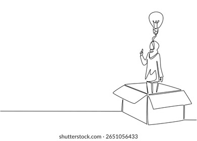 Uma única linha desenhando mulher de negócios árabe dentro de grande caixa de papelão fazendo gesto de recebe ideia. Obtenha uma inspiração incrível. Inteligente. Dia Nacional da Criatividade. Ilustração gráfica de design de linha contínua