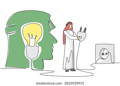 Una sola línea de dibujo hombre árabe se para delante de la silueta de la cabeza sostiene el cable en el zócalo. Tómate un descanso para recargar la mente. Día Nacional de la Creatividad. Ilustración gráfica de diseño de línea continua