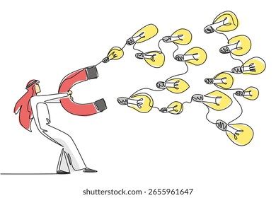 Una sola línea dibujando hombre de negocios árabe sostiene un gran imán que atrae bombillas de varios tamaños. Pruebe el mejor para múltiples beneficios. Día Nacional de la Creatividad. Ilustración gráfica de diseño de línea continua