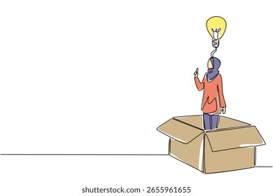 Single one line drawing Arab businesswoman inside big cardboard box making gesture of gets idea. Get amazing inspiration. Smart. National Creativity Day. Continuous line design graphic illustration