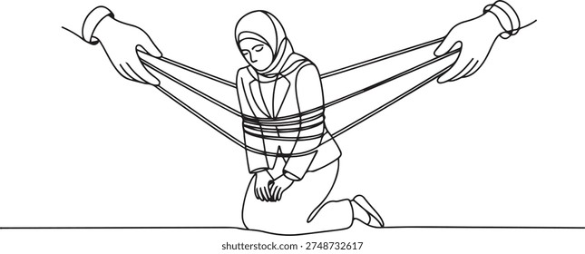Single one line drawing Arab businesswoman kneel, whole body bound by ropes controlled by giant hands. Without hope. Hopeless. Bankrupt. Like a puppet. one line Icon drawing
