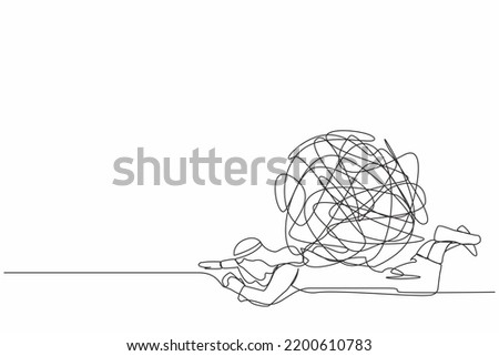 Single one line drawing Arab businessman under heavy messy line burden. Stress burden, anxiety from work difficulty, overload, economic crisis problem. Continuous line draw design vector illustration