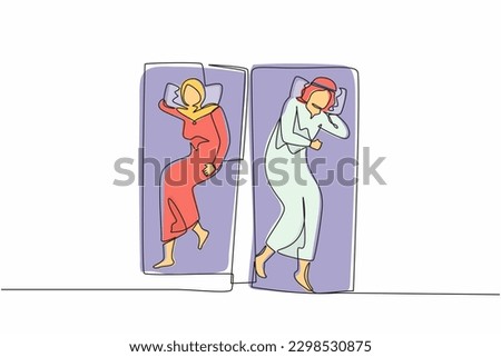 Single one line drawing Arab man and woman are sleeping on the bed, Obsessive couple thoughts. Sexual problems in couple, divorce, depression, insomnia. Continuous line draw design vector illustration