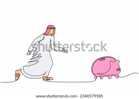 Single one line drawing Arab businessman chasing piggy bank. Saving money concept. Financial loss, economic crisis. Business metaphor. Modern continuous line draw design graphic vector illustration