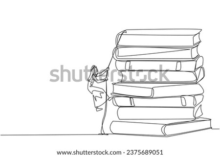 Single one line drawing Arab businessman climbing a pile of books with a rope. Try hard to gain new knowledge for the smooth running of business. Satisfied. Continuous line design graphic illustration