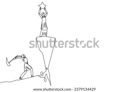 Single one line drawing Arab businesswoman standing on a cliff lifting a star. Envious friend, eating away at success from inside to fall down. The traitor. Continuous line design graphic illustration