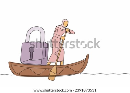 Single one line drawing Arab businesswoman standing in boat and sailing with padlock. Shipping protection at ocean from pirate. Security in business at sea. Continuous line design vector illustration