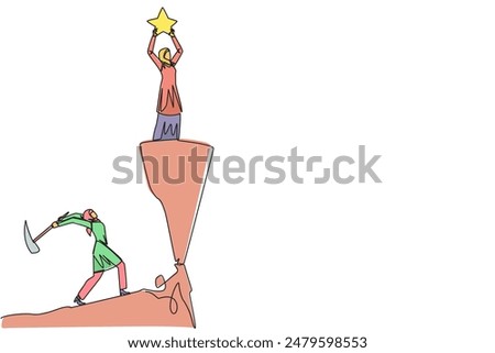 Single one line drawing Arab businesswoman standing on a cliff lifting a star. Envious friend, eating away at success from inside to fall down. The traitor. Continuous line design graphic illustration