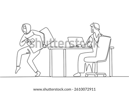 Single one line drawing an arab man types on a laptop and the thief takes a large credit card. Neglected. Busy. Hack. National Senior Fraud Awareness Day. Continuous line design graphic illustration