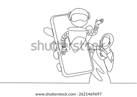 Single one line drawing Arab woman holds smartphone with robot coming out of screen. Explore the latest smartphones. International Virtual Assistants Day. Continuous line design graphic illustration