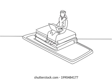 Single one line drawing Arabian male college student sitting on pile of books while typing on laptop on smartphone. Learning online education. Continuous line draw design graphic vector illustration