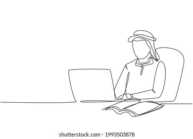 Single one line drawing Arabian man studying with laptop and open book. Back to school, intelligent student, online education concept. Modern continuous line draw design graphic vector illustration