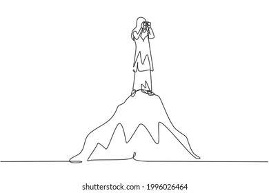 Single one line drawing Arabian businesswoman standing on hill while looking at binoculars. Symbol leadership, strategy, mission, objectives. Continuous line draw design graphic vector illustration