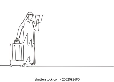 Single one line drawing Arabian man reading textbook. Male student standing with open book in hands and suitcase. Enthusiastic reader for educational. Continuous line draw design vector illustration