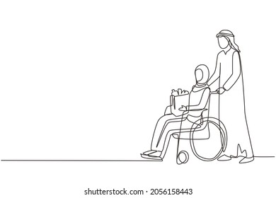 Single one line drawing Arabian man supporting, caring disabled old woman on wheelchair. Volunteer helping with shopping, taking care of senior woman. Continuous line draw design vector illustration