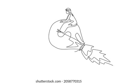 Single one line drawing Arabian businessman riding rocket money bag with dollar sign flying through sky. Financial business creative idea to achieve success goal. Continuous line draw design vector