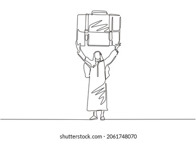 Single one line drawing Arabian manager or businessman raises big briefcase. Business person has achieved success. Rejoices in success. Modern continuous line draw design graphic vector illustration