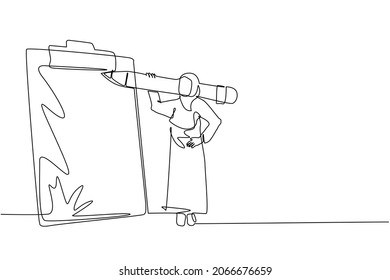 Single one line drawing Arabian businesswoman with giant pencil on her shoulder nearby marked checklist on clipboard paper. Successful completion of business tasks. Continuous line draw design vector