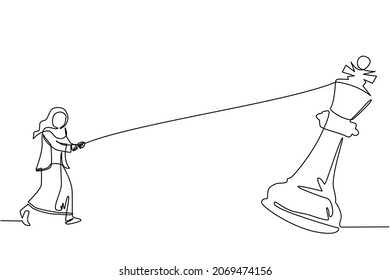 Single one line drawing Arabian businesswoman pulling big king chess with rope. Business achievement goal, strategy, competitive, strategic concept. Continuous line draw design vector illustration