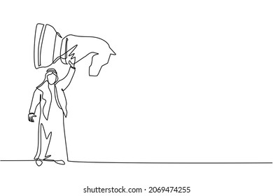 Single one line drawing Arabian businessman holding, lifting knight chess piece. Successful entrepreneurship tactics, strategy, superiority in business. Continuous line draw design vector illustration