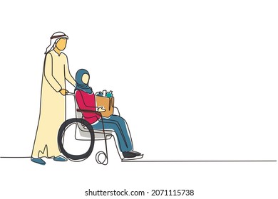 Single one line drawing Arabian man supporting, caring disabled old woman on wheelchair. Volunteer helping with shopping, taking care of senior woman. Continuous line draw design vector illustration