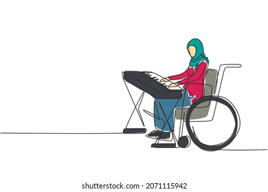 Single one line drawing Arabian female sit wheelchair playing electric keyboard, sing song. Physically disabled. Rehabilitation center patient. Continuous line draw design graphic vector illustration