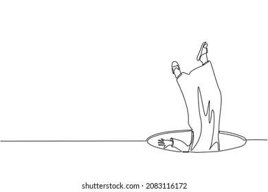 Single one line drawing Arabian businessman falling into pit hole. Legs up. Logo protruding legs from hatch, puddles. Metaphor. Failure. Defeat. Continuous line draw design graphic vector illustration