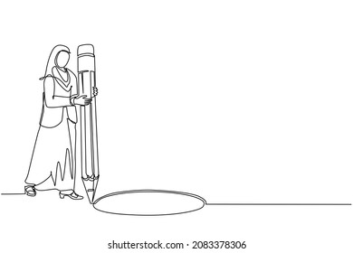 Single one line drawing Arabian businesswoman making circle of holes with large pencil. Business cheating. Woman making hole trap. Metaphor. Failure. Defeat. Continuous line draw design graphic vector